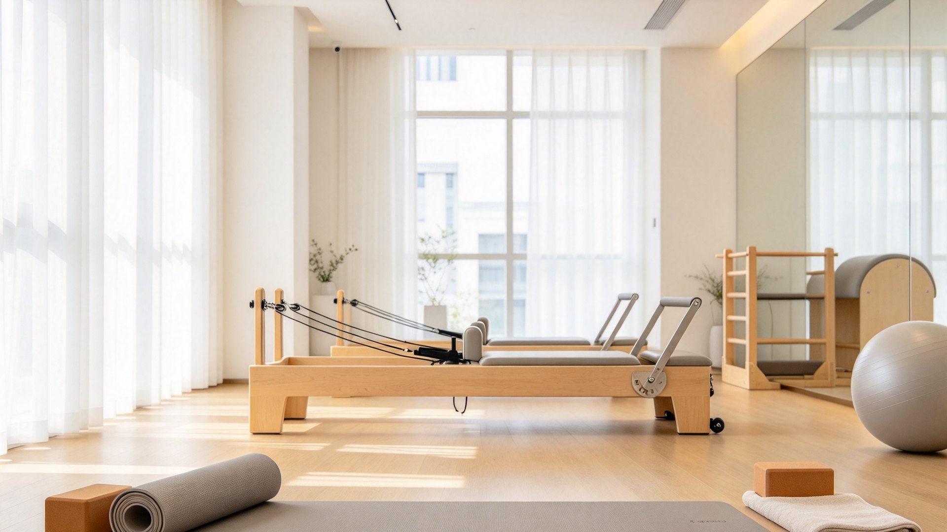 The empty studio: timber floor, mirrored wall, reformer and props ready by the windows.